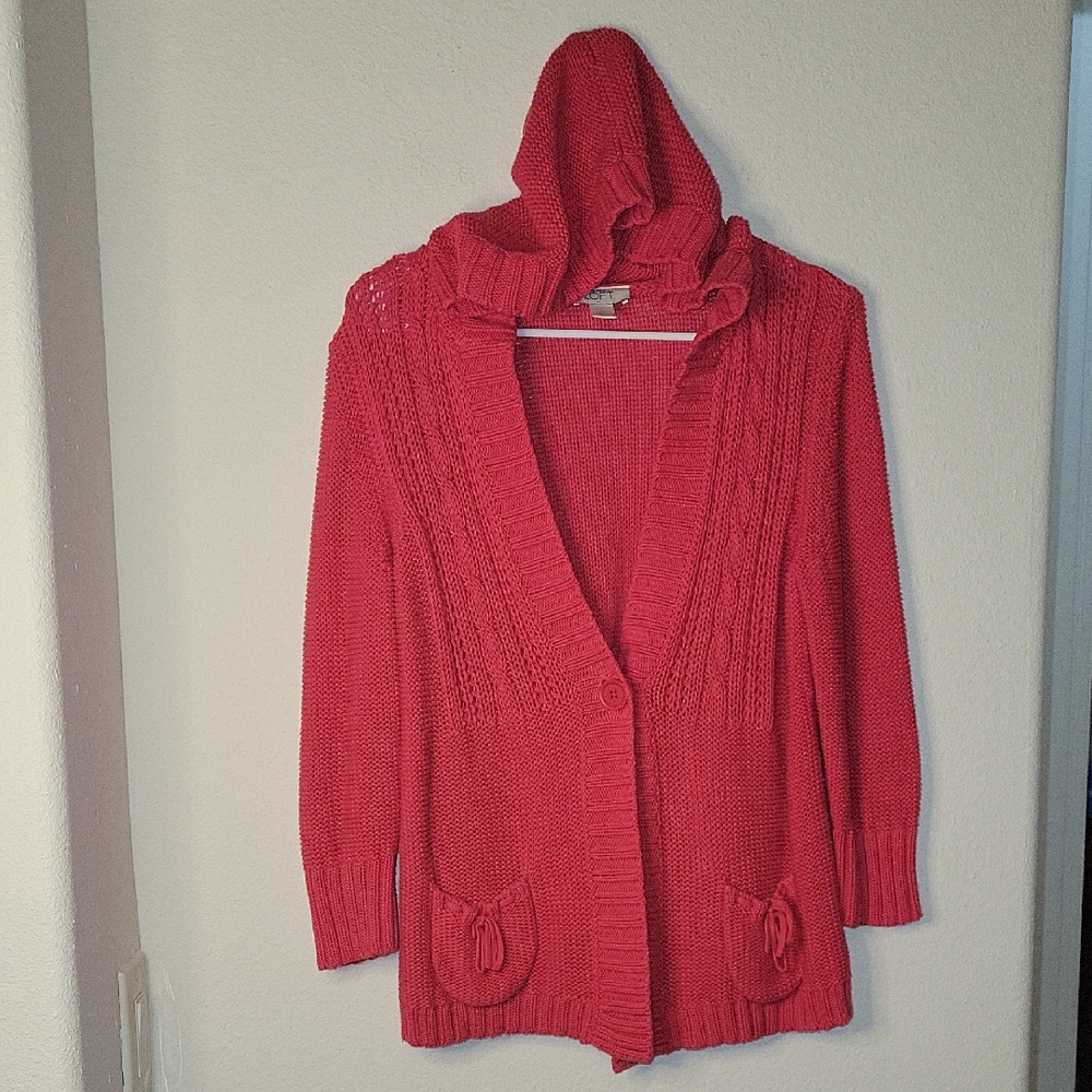 LOFT Hooded Cotton Knitted Cardigan, 3/4 Sleeves, Pink, M, VGUC